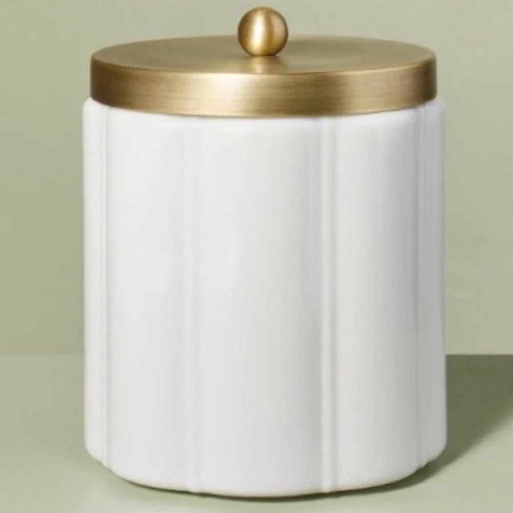 HEARTH & HAND NWT milk glass bath canister -white/gold -large